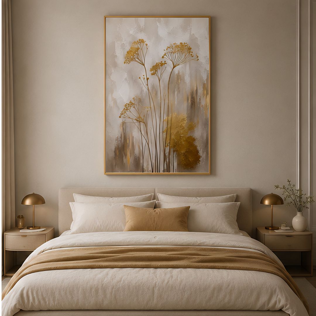 Minimal Golden Floral Canvas Frame, Luxury Floral Wall Art, Gold Floral Wall Decor Pakistan, Premium Canvas Wall Art, Modern Floral Home Decor