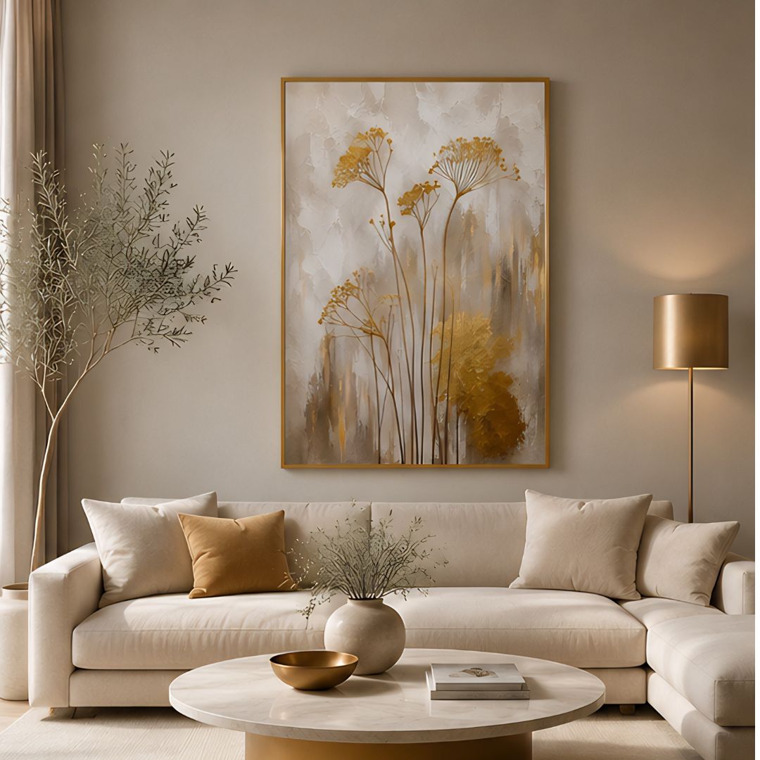 Close-up of Minimal Golden Floral Canvas Wall Frame showing delicate gold details and premium canvas texture – Urban Decor Pakistan