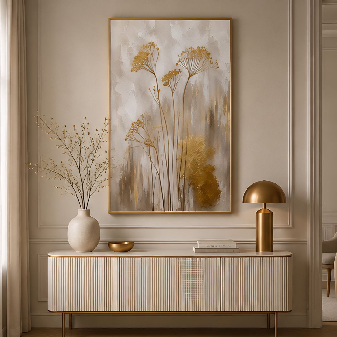 Minimal Golden Floral Canvas Wall Frame – Luxury Floral Wall Art by Urban Decor Pakistan
