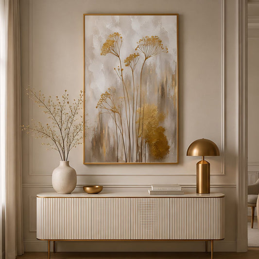 Minimal Golden Floral Canvas Wall Frame – Luxury Floral Wall Art by Urban Decor Pakistan