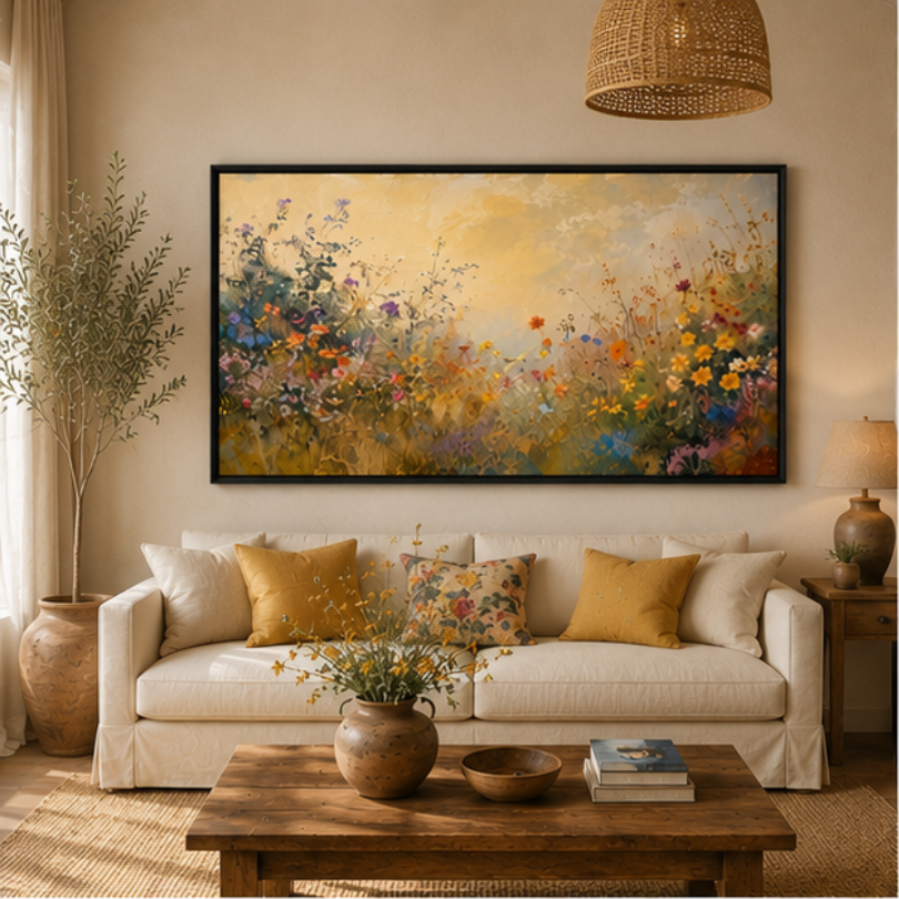 Raised 3D floral texture detail on pastel wildflower canvas close-up