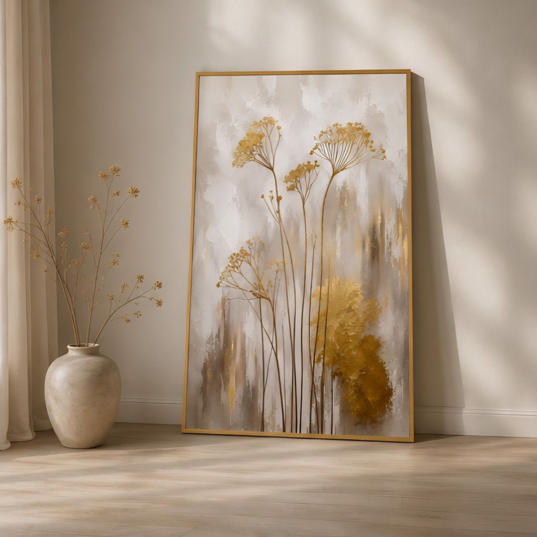 Minimal Golden Floral Canvas Wall Frame displayed in a modern living room – Premium Floral Wall Decor by Urban Decor Pakistan