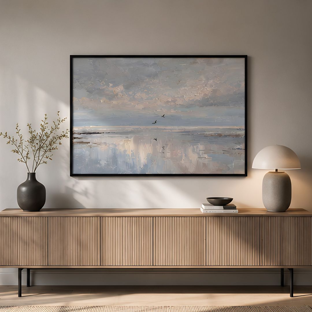 Blue Ocean Seascape Canvas Wall Frame displayed in a modern living room – Luxury Coastal Wall Decor by Urban Decor Pakistan