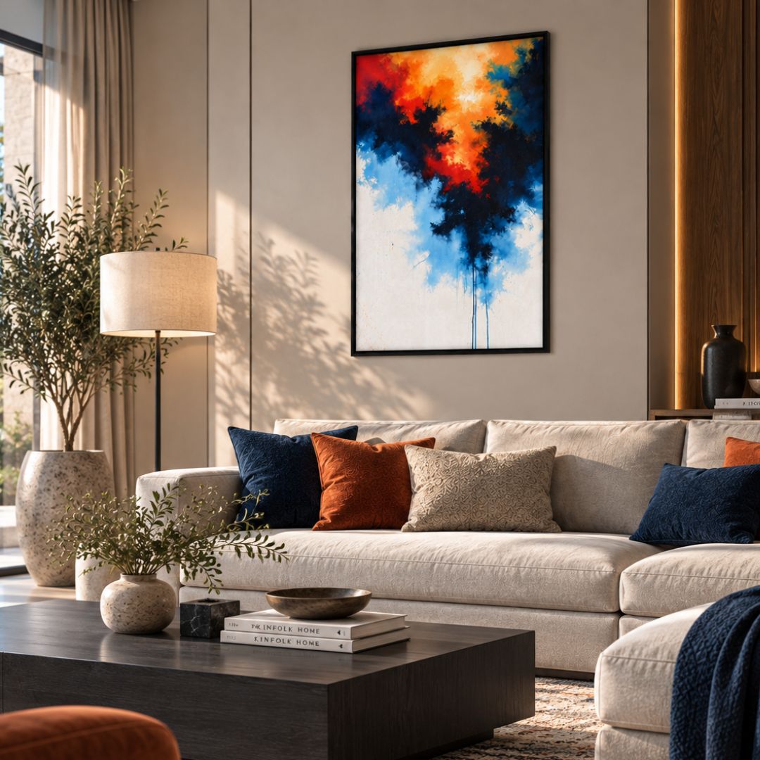 Emotional Collision - Orange Blue Abstract Wall Art Frame