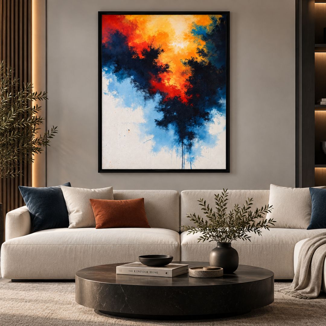Emotional Collision - Orange Blue Abstract Wall Art Frame