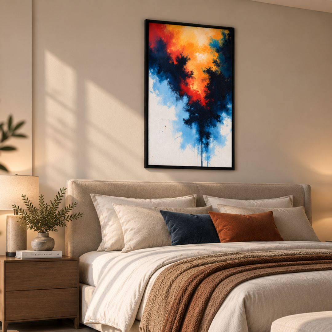 Emotional Collision - Orange Blue Abstract Wall Art Frame