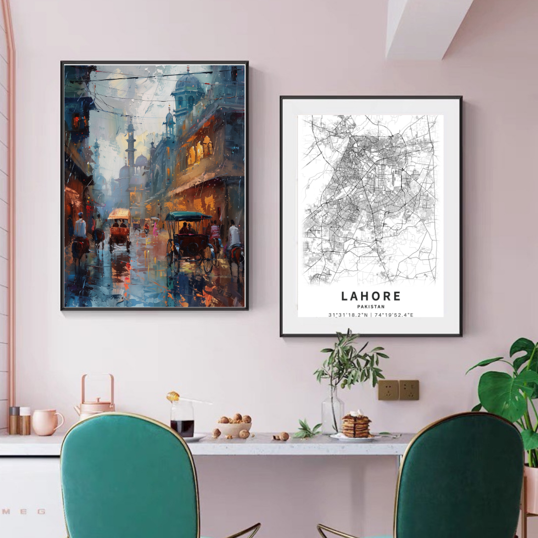 Pack 2 Lahore City Map + Old Lahore Oil Frame Painting