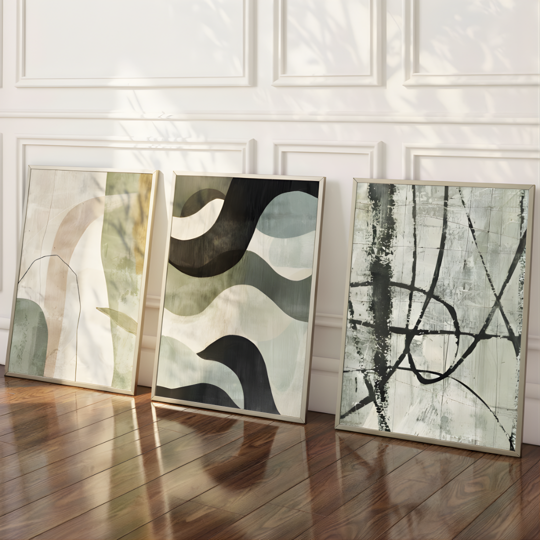 Set of 3 Modern Green Abstract Wall Frame Painting