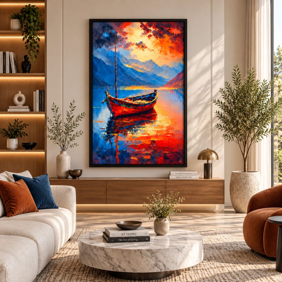 Sunset Lake Boat Canvas Wall Art