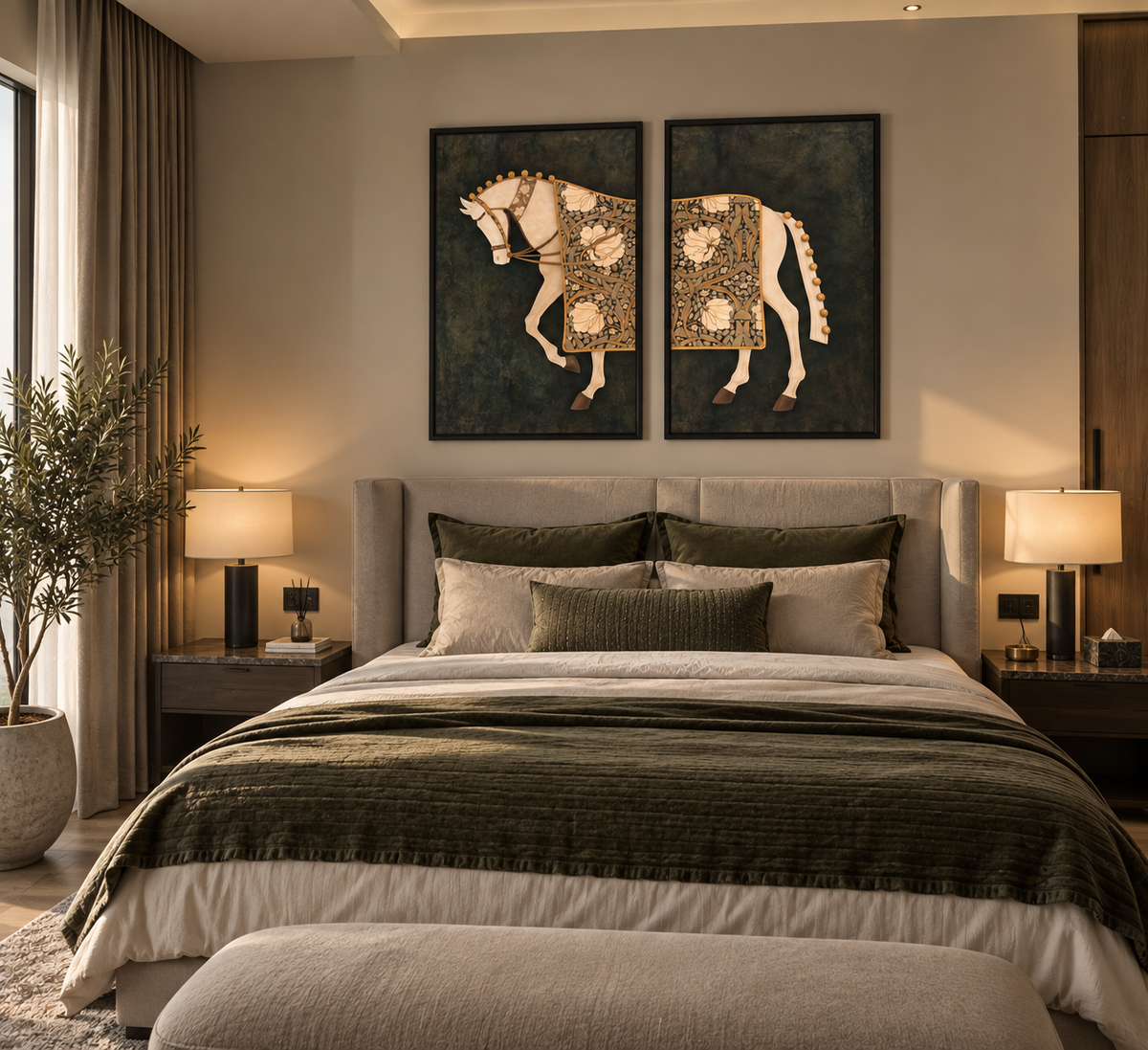 Floral Horse Painting, Black Frame Wall Art