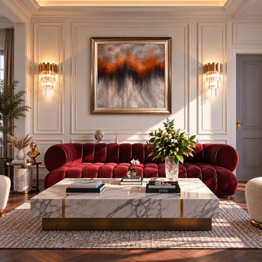 Luxury abstract wall art with brown and metallic gold frame in an elegant dining room