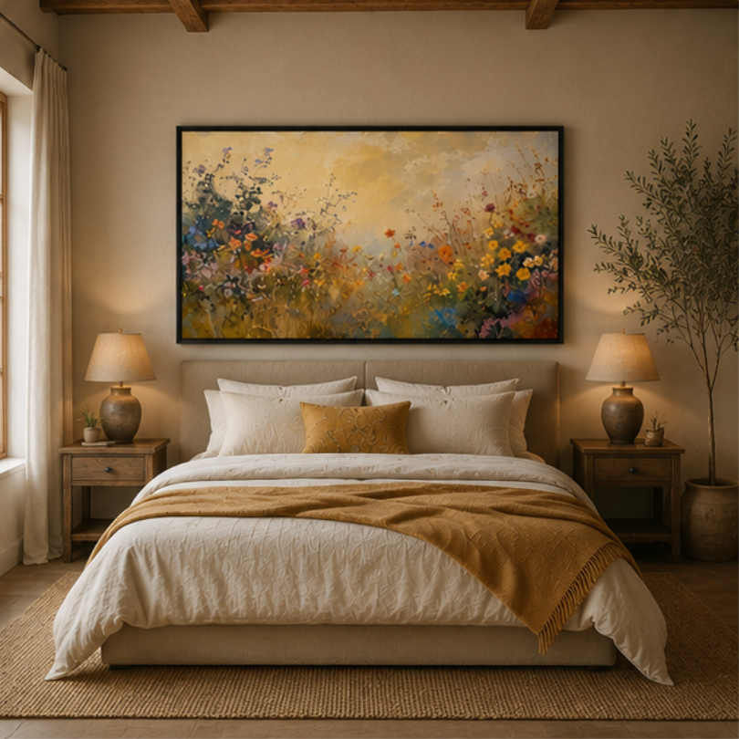 Pastel floral canvas wall art displayed in Pakistani drawing room bedroom