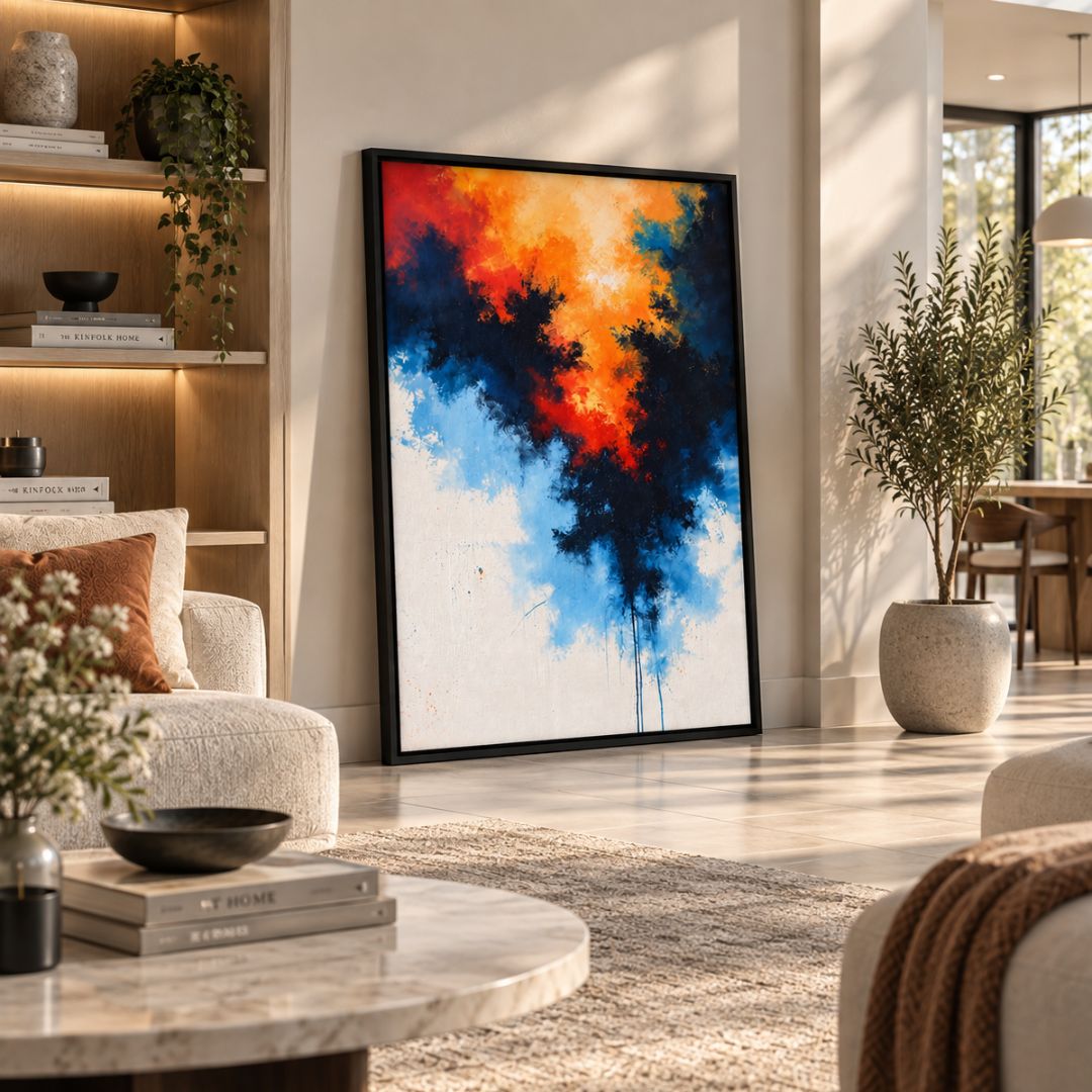 Emotional Collision - Orange Blue Abstract Wall Art Frame
